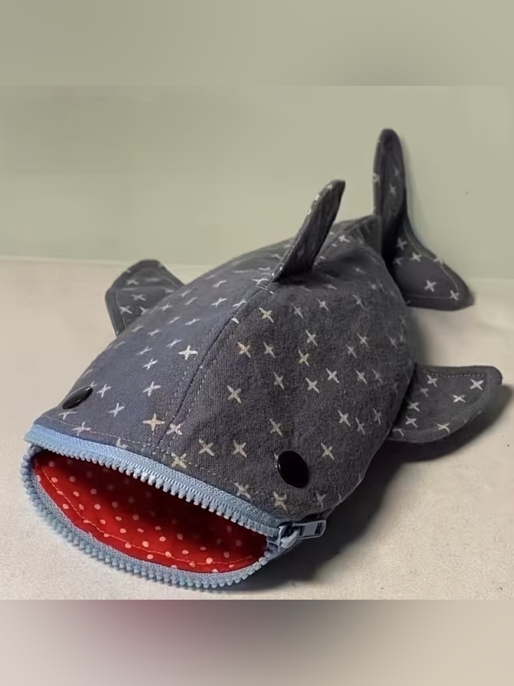 Target Gray Shark Pouch with Red Polka Dot Lining